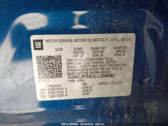 3GNCJPSB1LL208582 Chevrolet Trax Awd Lt