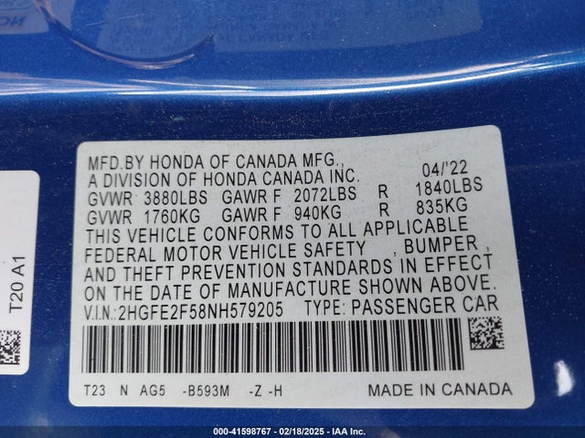 Honda Civic Sport 2022 2HGFE2F58NH579205 Image 9
