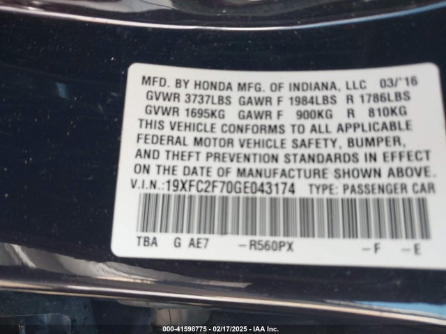 Honda CIVIC EX 2016 19XFC2F70GE043174 Image 9