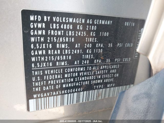 WVGAV7AX5HK004440 Volkswagen Tiguan 2.0t/2.0t S