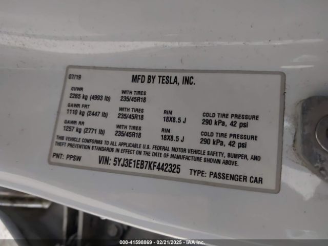 5YJ3E1EB7KF442325 Tesla Model 3 Long Range/performance