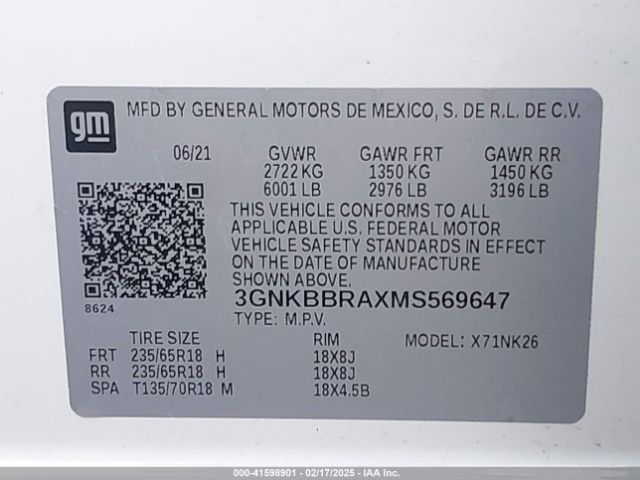 3GNKBBRAXMS569647 Chevrolet Blazer Fwd 1lt
