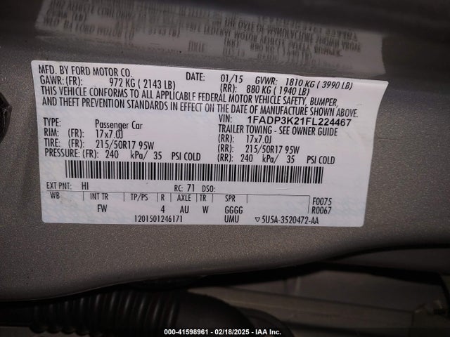 1FADP3K21FL224467 Ford 2015