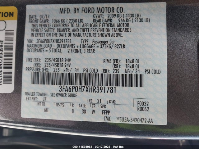 3FA6P0H7XHR391781 Ford FUSION SE