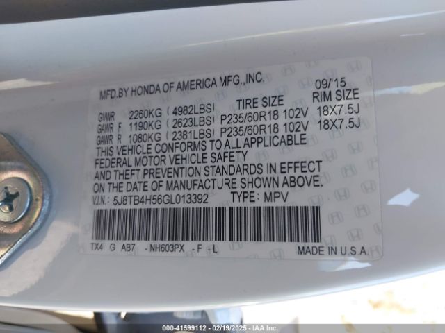 5J8TB4H56GL013392 Acura Rdx Technology   Acurawatch Plus Packages/technology Package