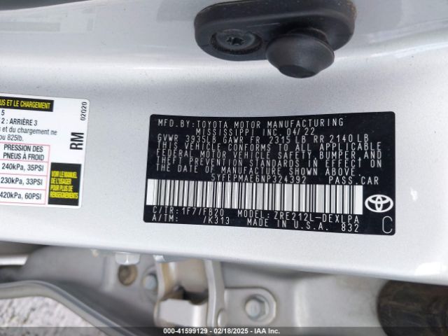 5YFEPMAE6NP324392 Toyota COROLLA LE