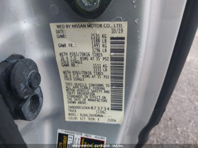 1N6DD0CU3KN873734 Nissan Frontier Sv