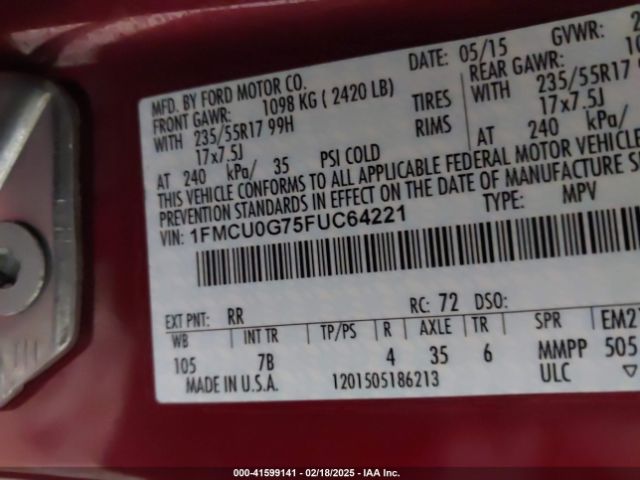 1FMCU0G75FUC64221 Ford ESCAPE SE