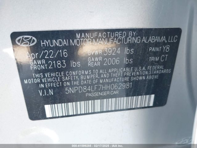 5NPD84LF7HH062981 Hyundai Elantra Limited