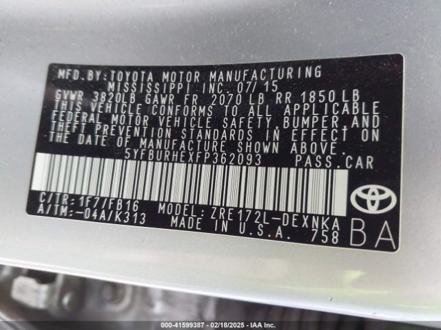 5YFBURHEXFP362093 Toyota Corolla Le/le Plus/le Premium