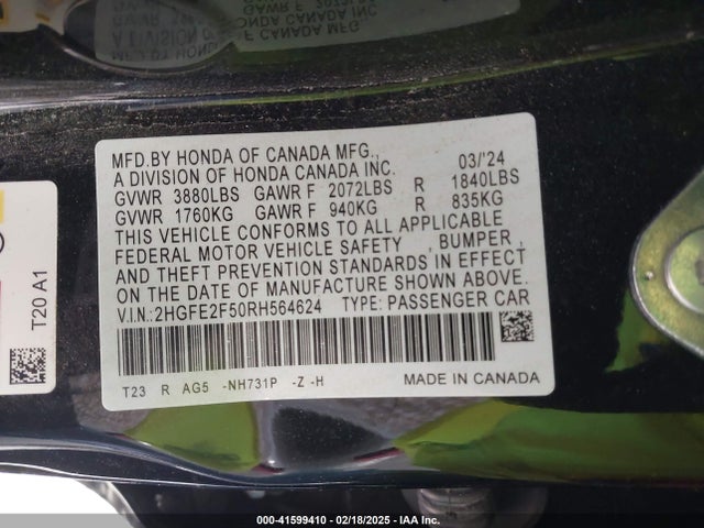 2HGFE2F50RH564624 Honda Civic Sport