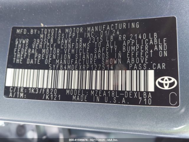 5YFB4MDEXRP127514 Toyota COROLLA LE