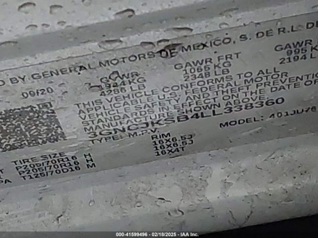 3GNCJKSB4LL338360 Chevrolet Trax Fwd Ls