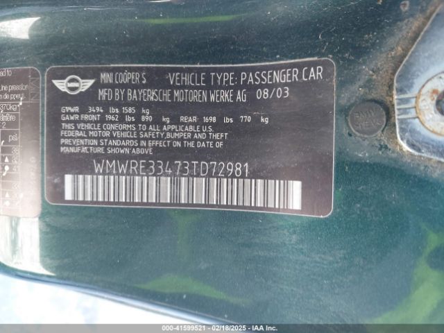 2003 MINI COOPER S WMWRE33473TD72981 Photo 8