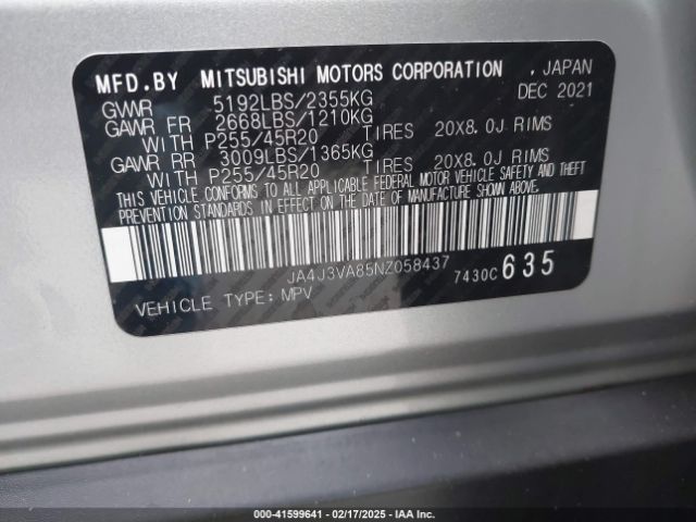 JA4J3VA85NZ058437 Mitsubishi Outlander Sel 2.5 2wd/sel Special Edition