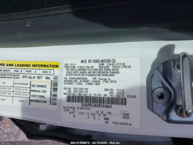 3FA6P0LU6HR344664 Ford Fusion Hybrid Se