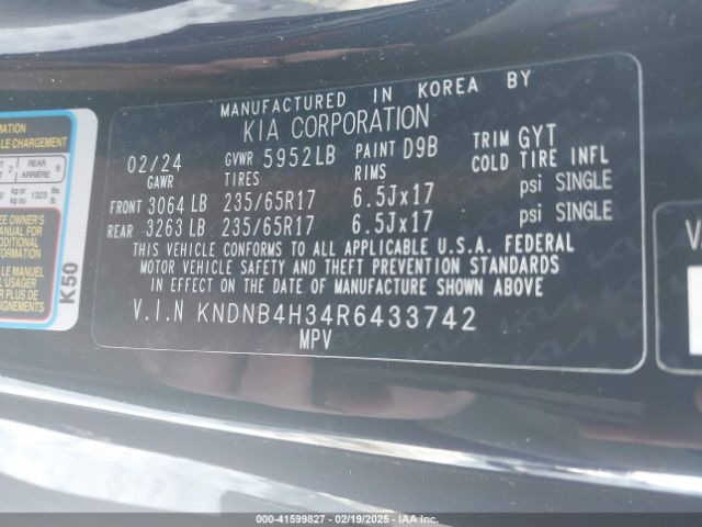 KNDNB4H34R6433742 KIA Carnival Mpv Lx Seat Package