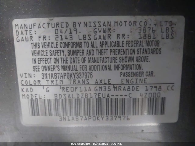 Nissan SENTRA SV 2019 3N1AB7AP0KY337976 Image 9