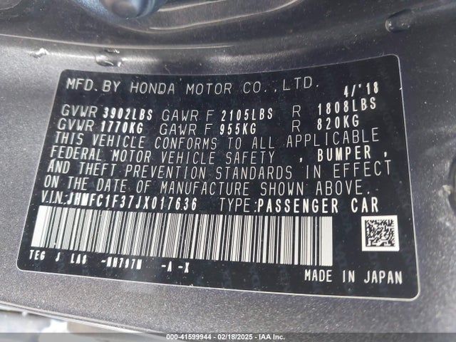 JHMFC1F37JX017636 Honda Civic Ex-t