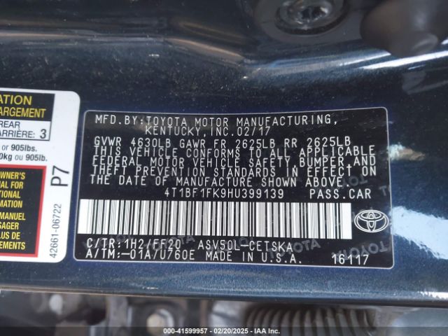 4T1BF1FK9HU399139 Toyota CAMRY SE