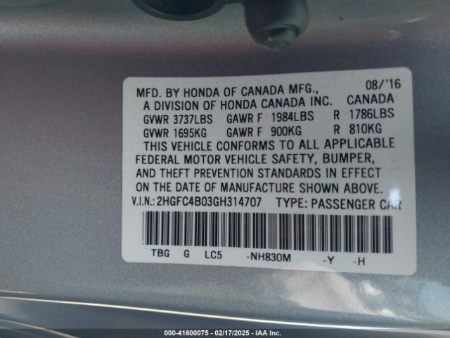 2HGFC4B03GH314707 Honda Civic Lx-p