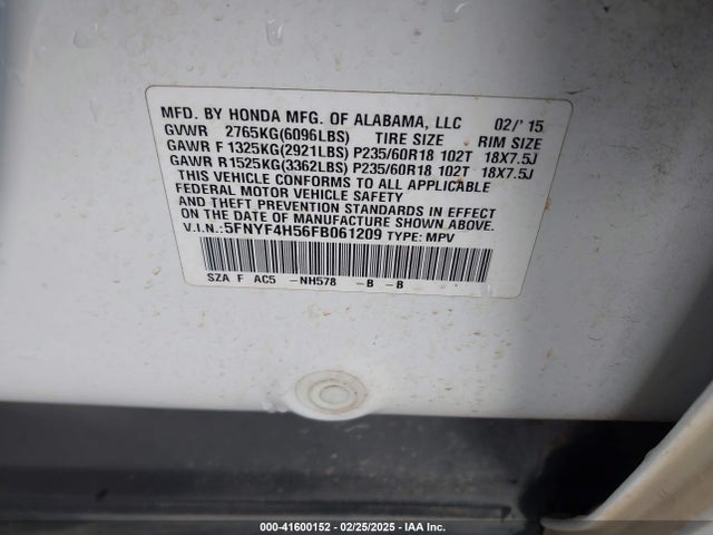 Honda Pilot Ex-l 2015 5FNYF4H56FB061209 Image 9