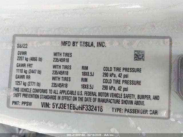 2022 TESLA MODEL 3 5YJ3E1EB6NF332418 Photo 8