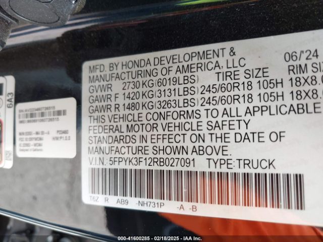 5FPYK3F12RB027091 Honda Ridgeline Sport