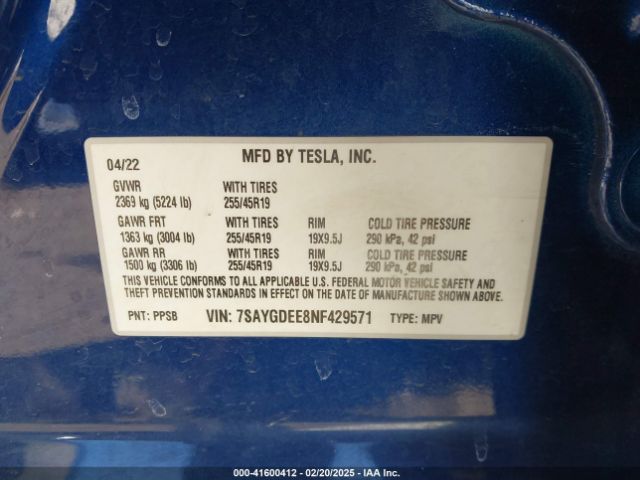 7SAYGDEE8NF429571 Tesla Model Y Long Range Dual Motor All-wheel Drive