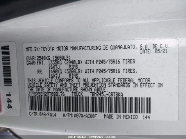 3TYSX5EN2MT008176 Toyota Tacoma Sr
