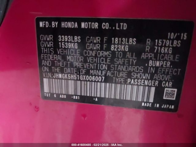 JHMGK5H51GX006007 Honda FIT LX