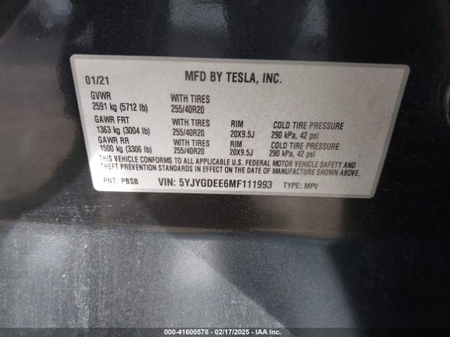 5YJYGDEE6MF111993 Tesla Model Y Long Range Dual Motor All-wheel Drive