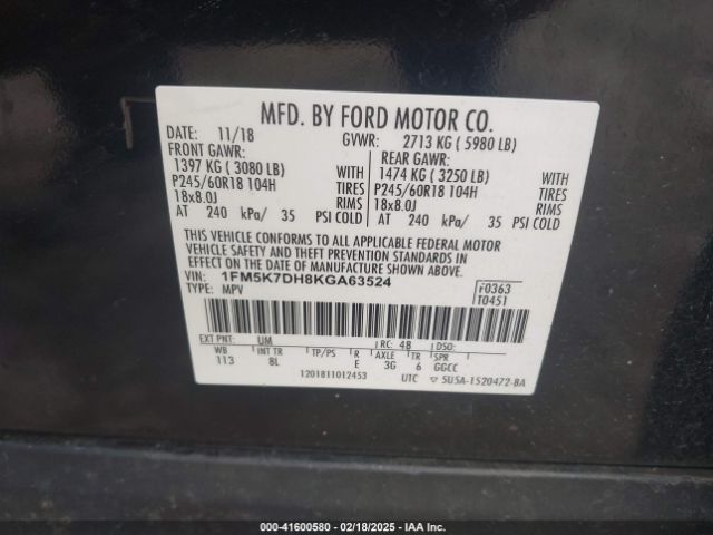 1FM5K7DH8KGA63524 Ford EXPLORER XLT