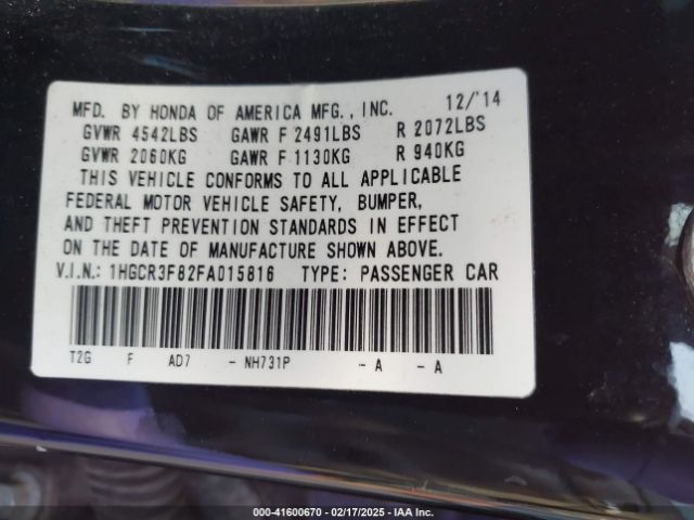 1HGCR3F82FA015816 Honda Accord Ex-l V-6