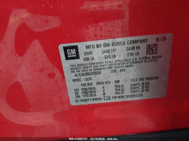 KL7CJKSB5LB353330 Chevrolet Trax Fwd Ls