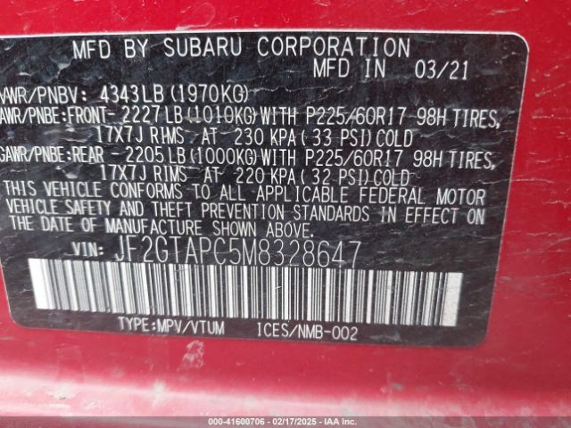 JF2GTAPC5M8328647 Subaru Crosstrek Premium