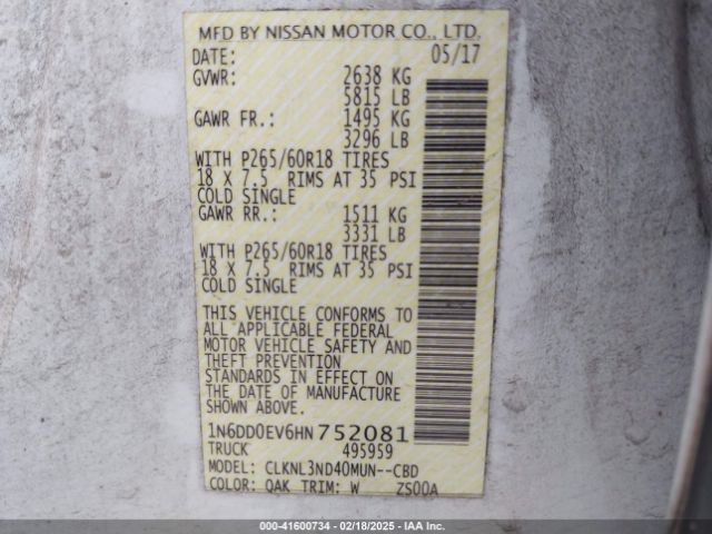 1N6DD0EV6HN752081 Nissan Frontier Sl