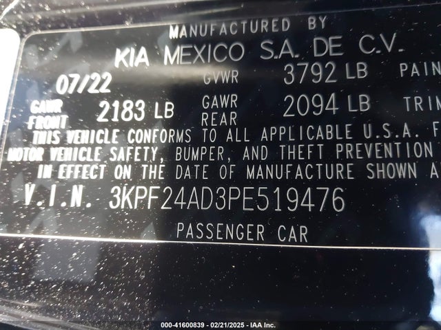 3KPF24AD3PE519476 KIA Forte Lxs