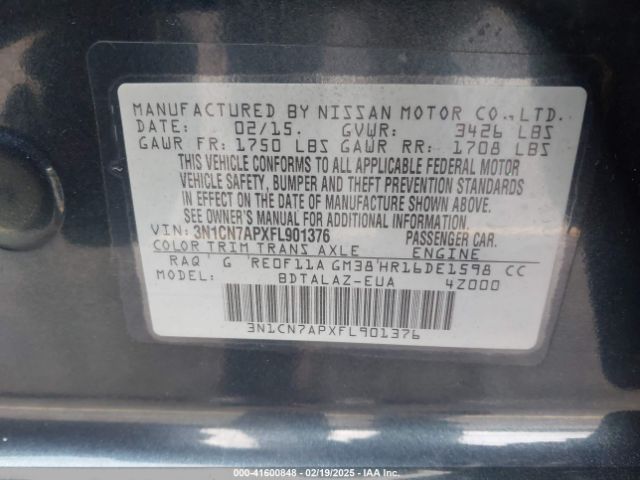3N1CN7APXFL901376 Nissan Versa 1.6 S+