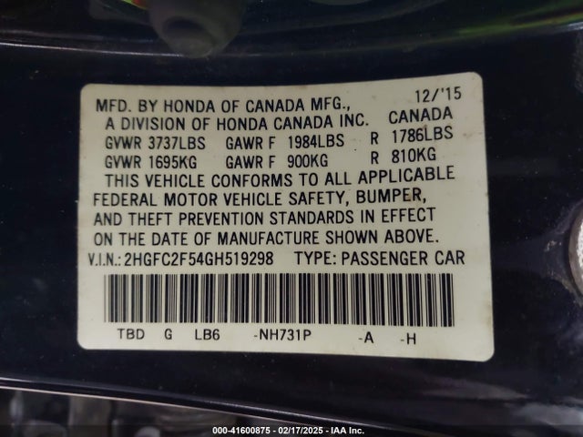 Honda Civic Lx 2016 2HGFC2F54GH519298 Image 9