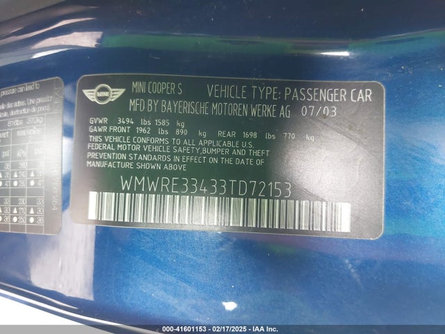 2003 MINI COOPER S WMWRE33433TD72153 Photo 8