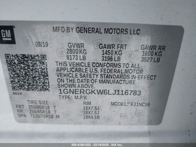 1GNERGKW6LJ116783 Chevrolet Traverse Fwd Lt Cloth