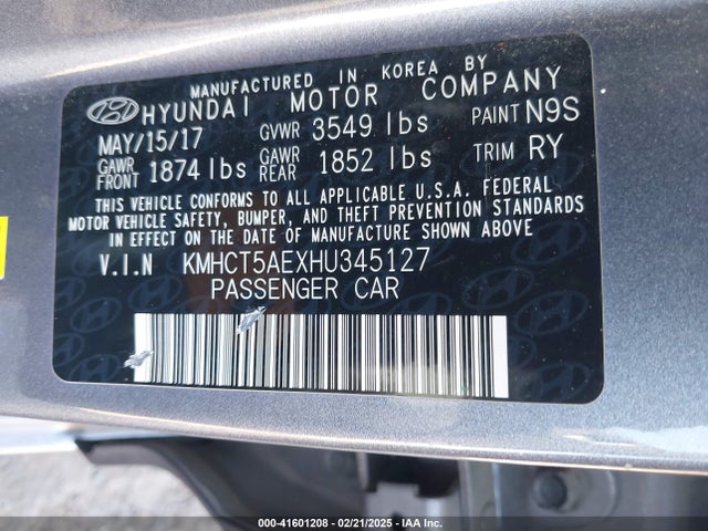 KMHCT5AEXHU345127 Hyundai ACCENT SE