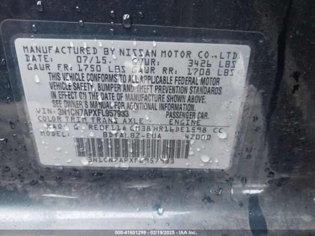 3N1CN7APXFL957933 Nissan Versa 1.6 Sv