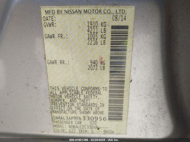 1N4AL3AP9FN330956 Nissan Altima 2.5/2.5 S/2.5 Sl/2.5 Sv