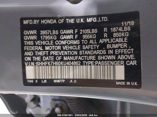 SHHFK7H60KU404862 Honda CIVIC EX
