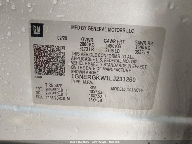1GNERGKW1LJ231260 Chevrolet Traverse Fwd Lt Cloth