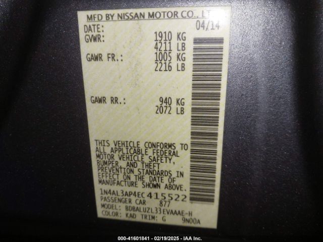 1N4AL3AP4EC415522 Nissan Altima 2.5 Sv