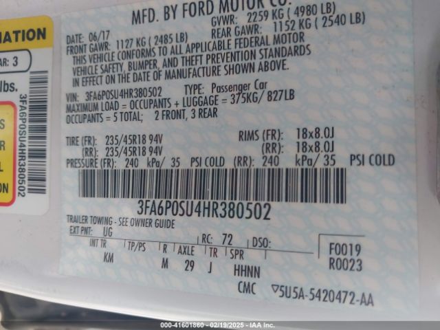 3FA6P0SU4HR380502 Ford Fusion Energi Titanium