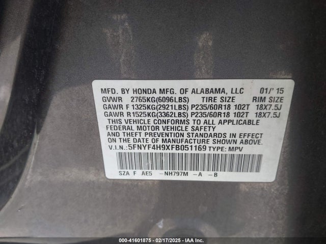 5FNYF4H9XFB051169 Honda Pilot Touring